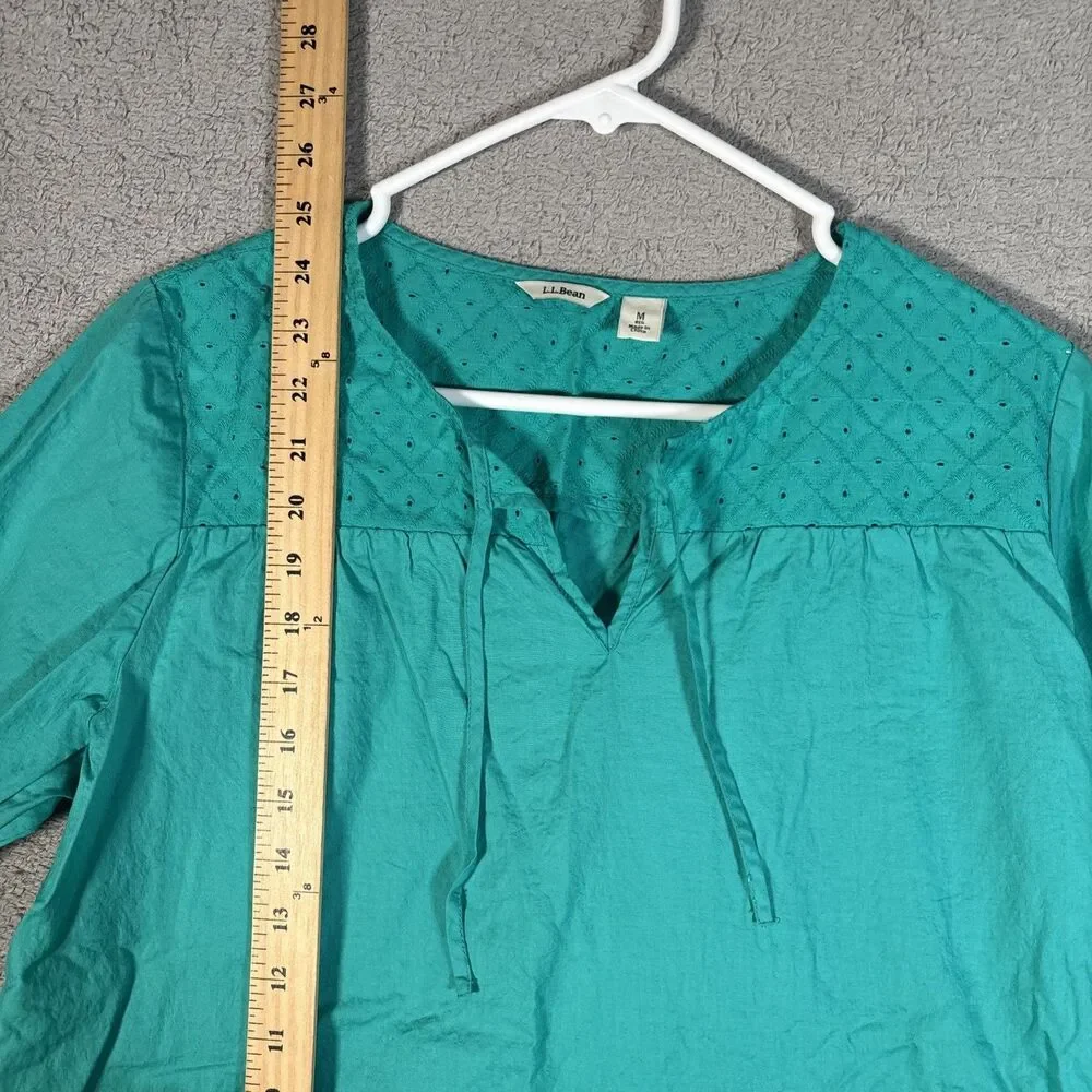 LL Bean Top Women’s Size M Teal Eyelet Chest Tie Neck‎ 3/4 Sleeve Blouse Shirt - Picture 6 of 11